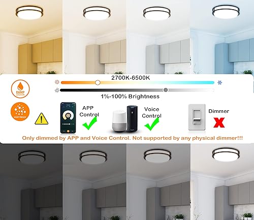Miniatura 3 de CLOUDY BAY Lámpara de techo LED inteligente de 12 pulgadas, 20 W, 2700 K-6500 K, 4 W, color RGB compatible con Alexa y Google Home Assistant, bronce