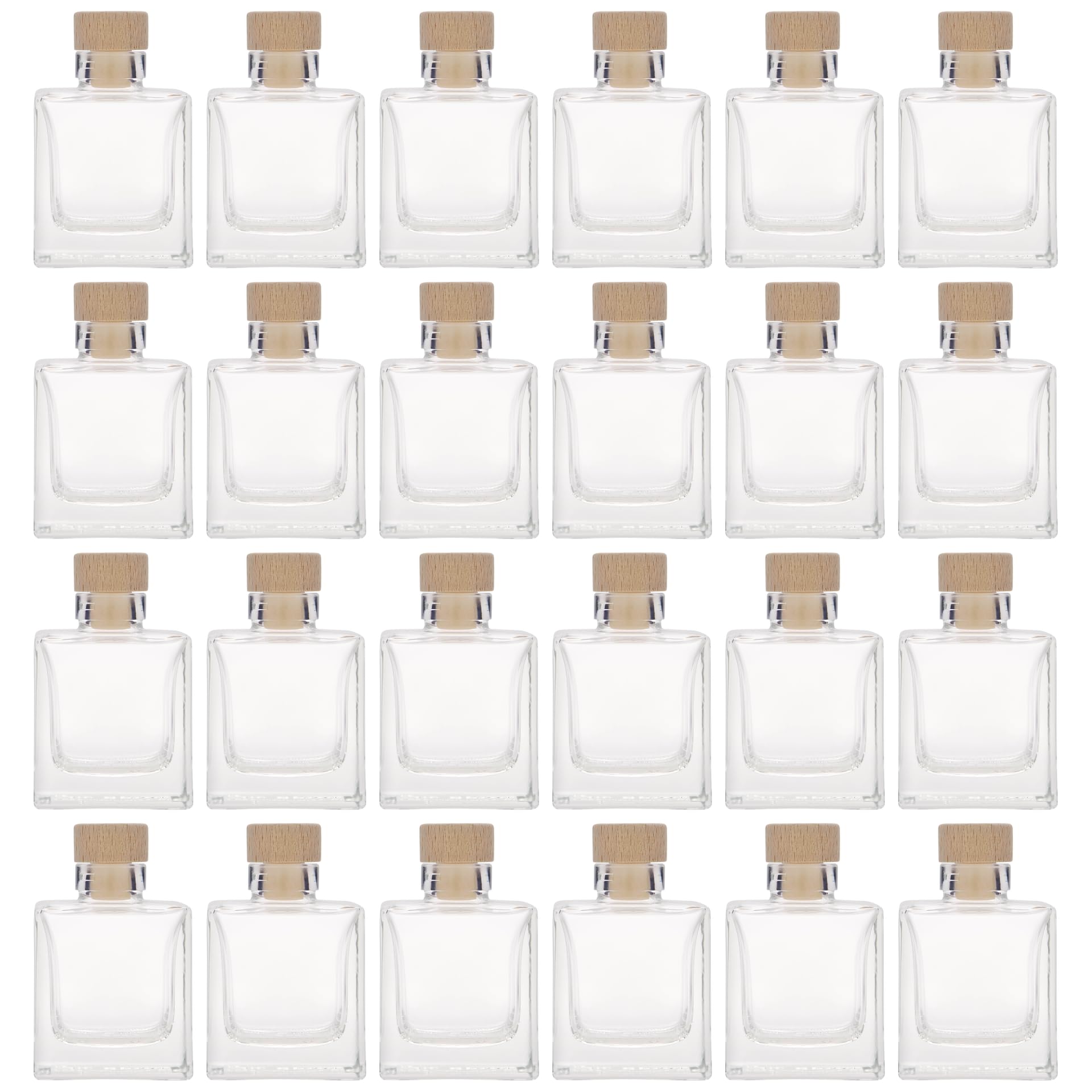 Set di 24 bottiglie di vetro da 100 ml, quadrate, con tappo in sughero in legno