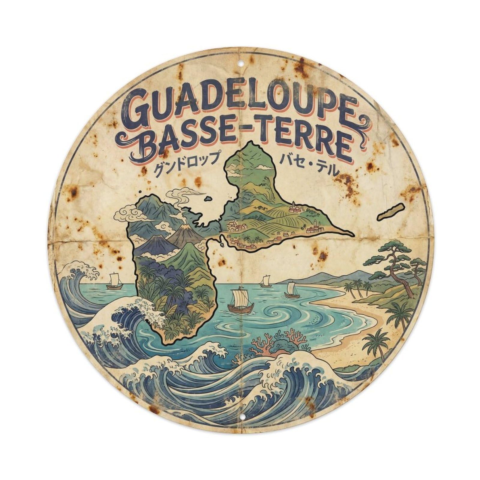 Guadeloupe Baseterre Seaside Scenery Vintage Woodcut Metal Tin Sign