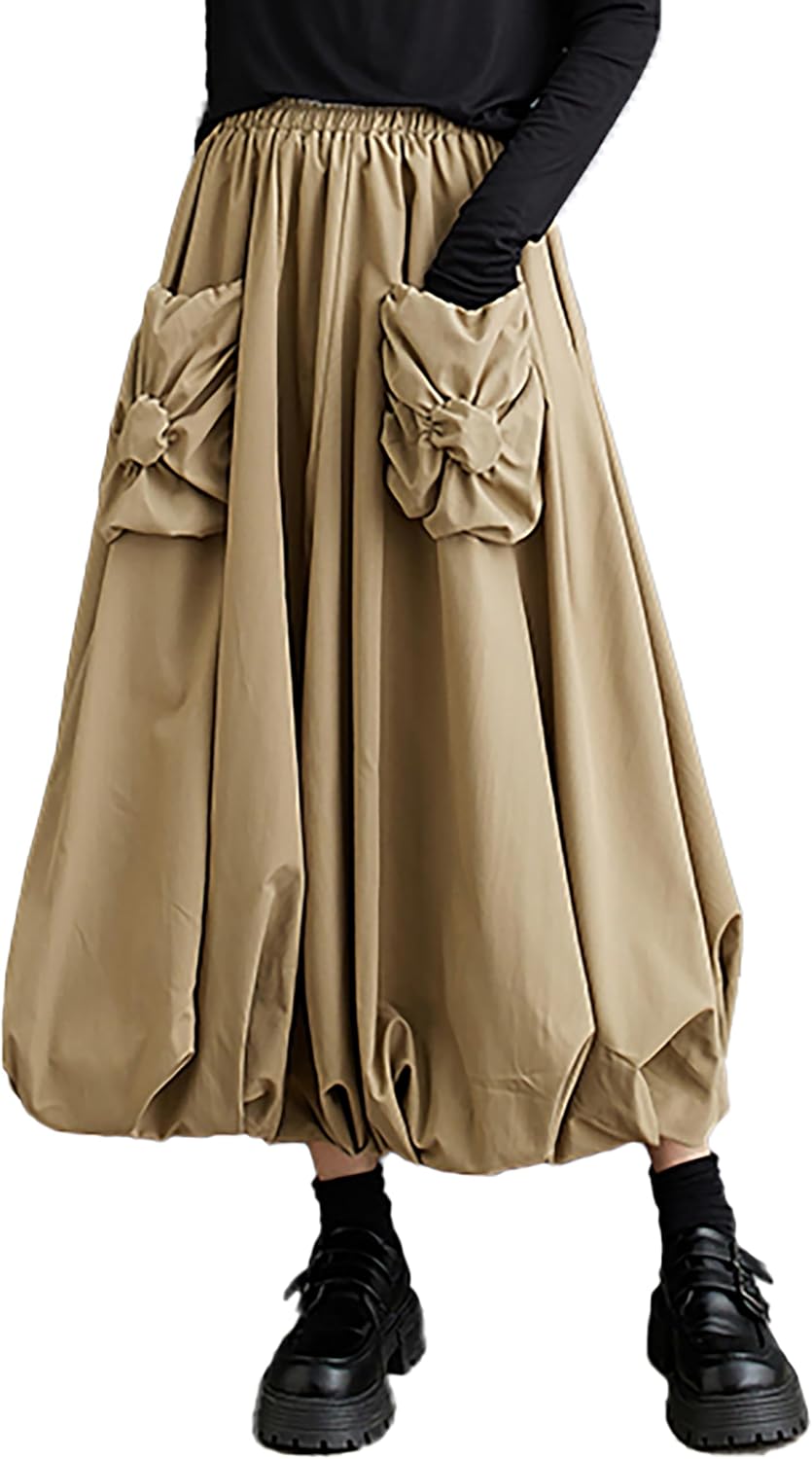 Women's Skirt Wide Legs Elastic Two Side Pockets Flowy Hem Solid Color Baggy Loose Oversize GZ268
