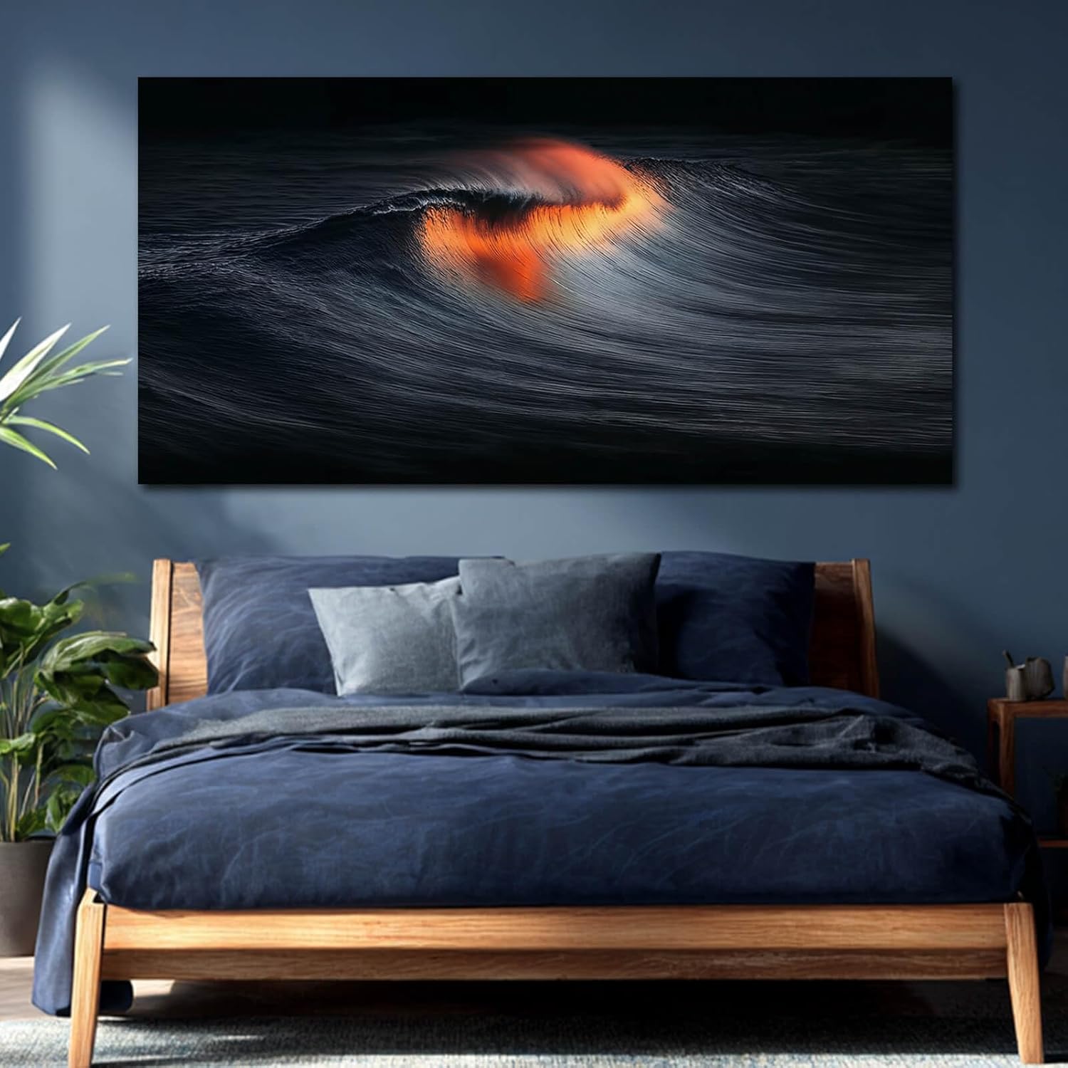 YETHEN WAL Abstract Wave Wall Art, Black Orange Ocean Canvas Prints, Modern Seascape Wall Decor for Living Room Bedroom Office 20x40 Inch