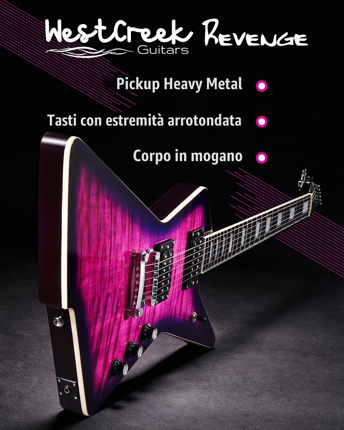 WestCreek Guitars Revenge Chitarra Elettrica, Heavy Metal Corpo Solido Electric Guitar, Corpo Mogano, Acero Collo, Palissandro Tastiera, Capotasto in Osso, 22 Tasti
