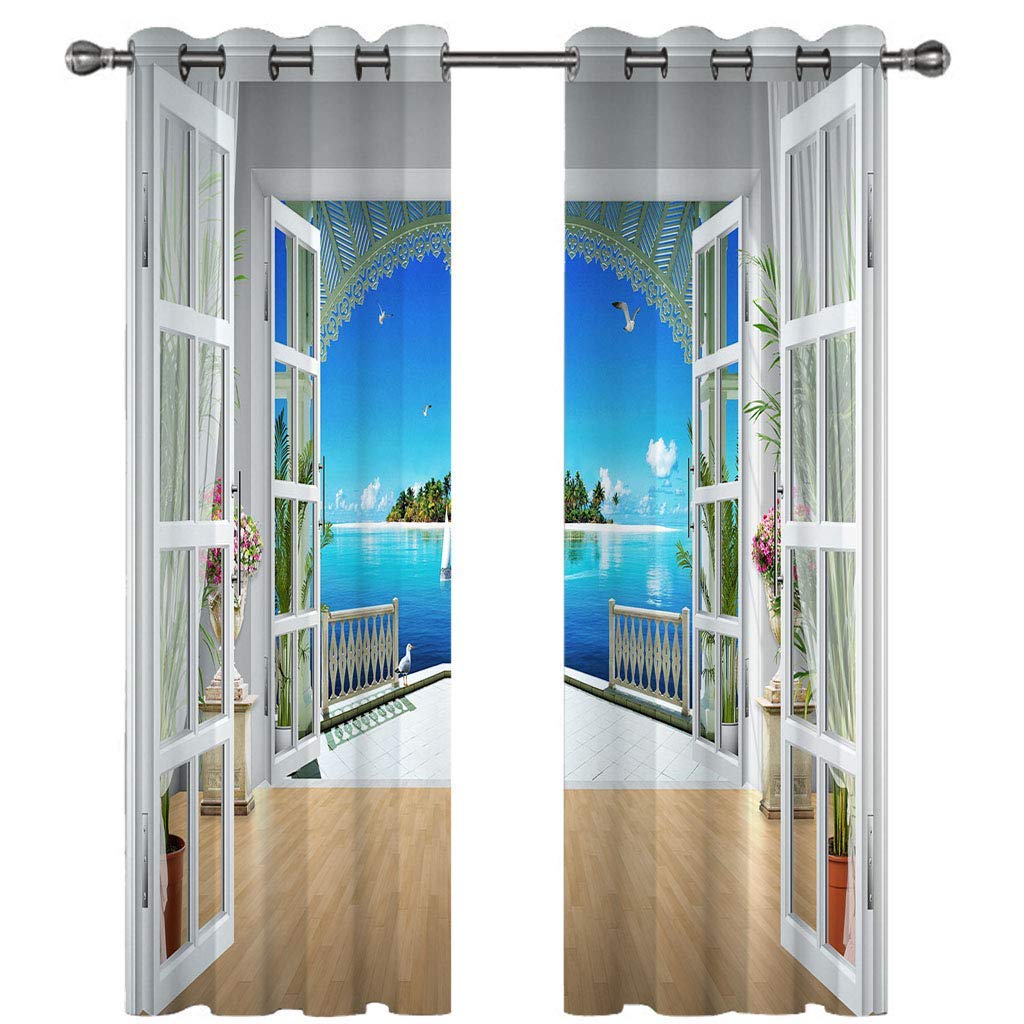 Cortinas Opacas Termicas Aislantes Frio Y Calor 280X260Cm（An X Al）Con Ojales 3D Balcón Con Vista Al Mar Azul Y Blanco Patrón Decoración Ventanas Para Habitacion Dormotorio Salon Modernas 2 Piezas