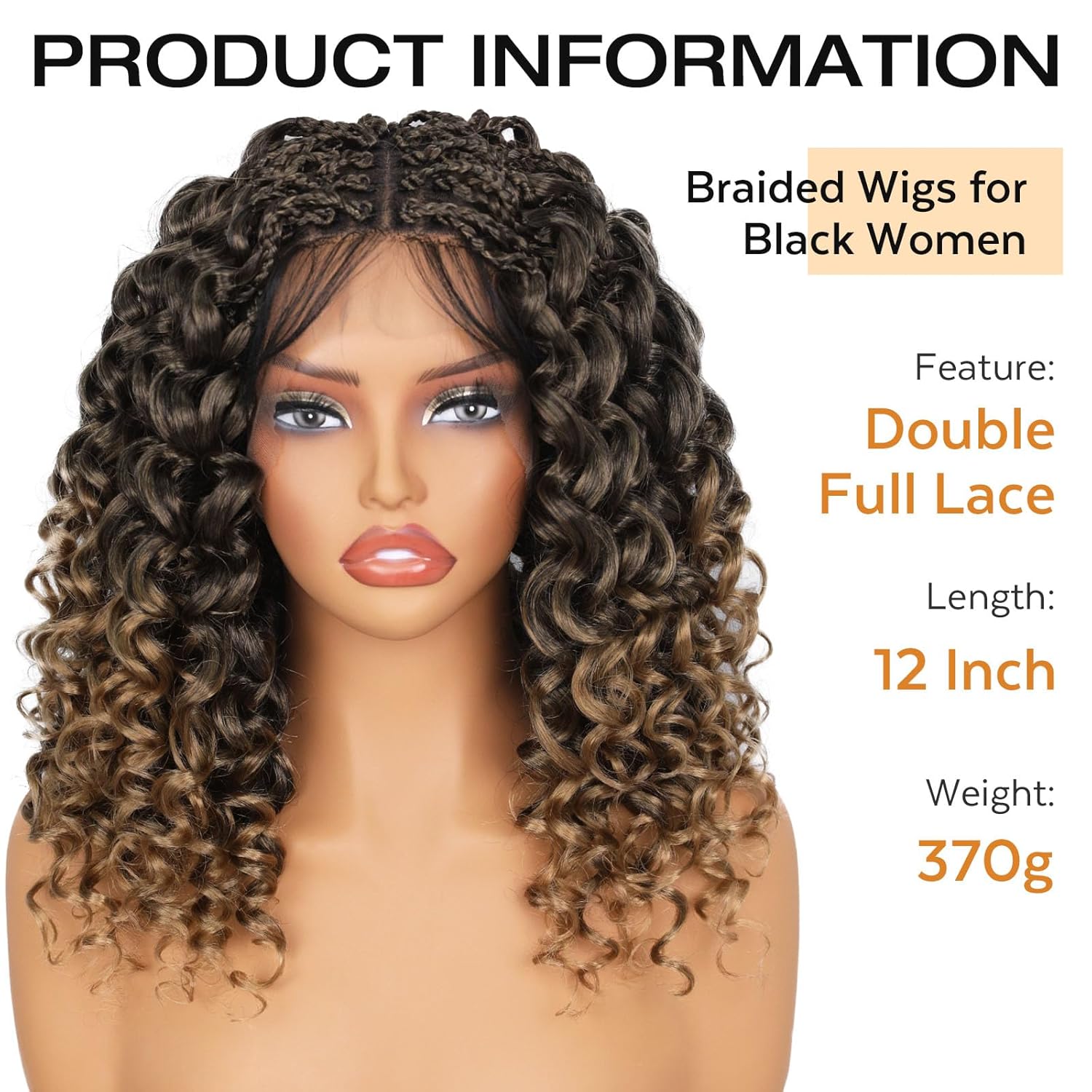 Lady Miranda Double Full Lace Curl Braided Wigs for Black Women Synthetic Lace Front Wigs Natural Knotless Curly Braided Wig with Baby Hair Synthetic False Hair(1B/27, 12 Inch)