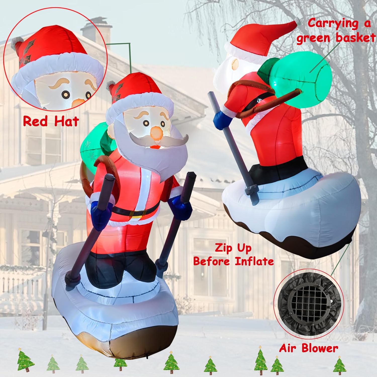 6.2FT Christmas Inflatable Santa Claus Outdoor Decoration, Built-in LED Lights Blow Up Skiing Santa Claus, Santa with Snowboard Inflatable Decor for Xmas Yard Outdoor Indoor Lawn Garden Party - Image 4