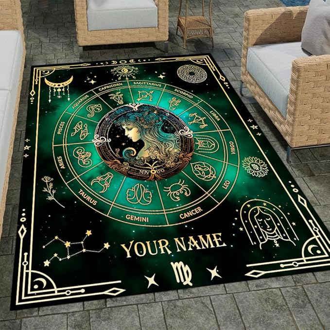 Customized Zodiac Area Rug, Gothic Skeleton Zodiac Sign Carpet, Constellation Sun and Moon Soft Machine Washable Non-Slip Rug, Witchy Style, Astrology Chart for Home Decor (Virgo)