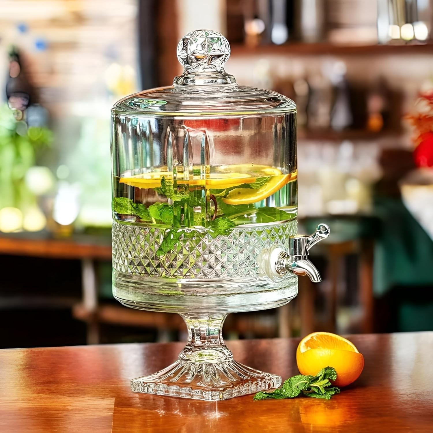 LEOMORD 5 Litre Footed Glass Juice Dispenser with Tap | Elite Detox Jar | Mason Jar Beverage Dispenser for Water, Beer, Juice, Liquor | Elite Drink Server | Pack of 1