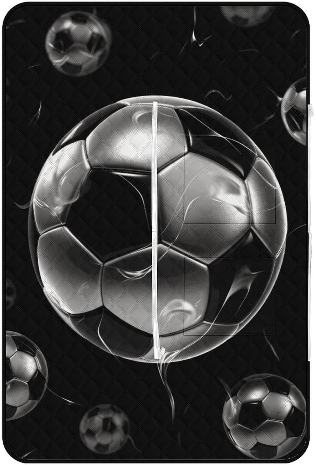 Soccer Black Picnic Blanket 150x100cm, Foldable 2-in-1 Picnic Mat and Tote Bag Portable Waterproof Beach Mat Sandproof Outdoor Blanket for Park, Hiking, Beach, Camping, Travel