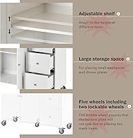 Vista 6 de Isla de cocina móvil con hoja caída, parte superior de madera maciza, carrito de isla de cocina rodante con ruedas bloqueables con armario