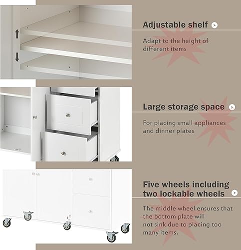 Miniatura 6 de Isla de cocina móvil con hoja caída, parte superior de madera maciza, carrito de isla de cocina rodante con ruedas bloqueables con armario de
