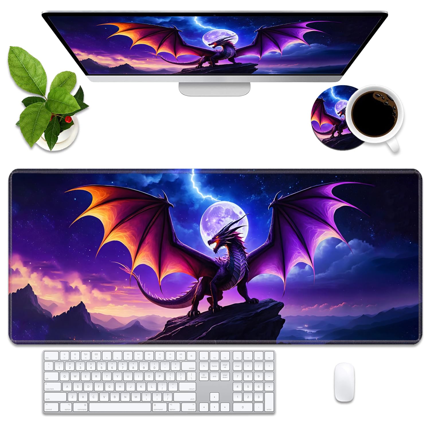 Alfombrilla de mouse para juegos con posavasos, alfombrilla de mouse grande extendida para juegos (35.4 x 15.7 pulgadas) con base antideslizante y borde cosido para juegos en casa, oficina, trabajo,