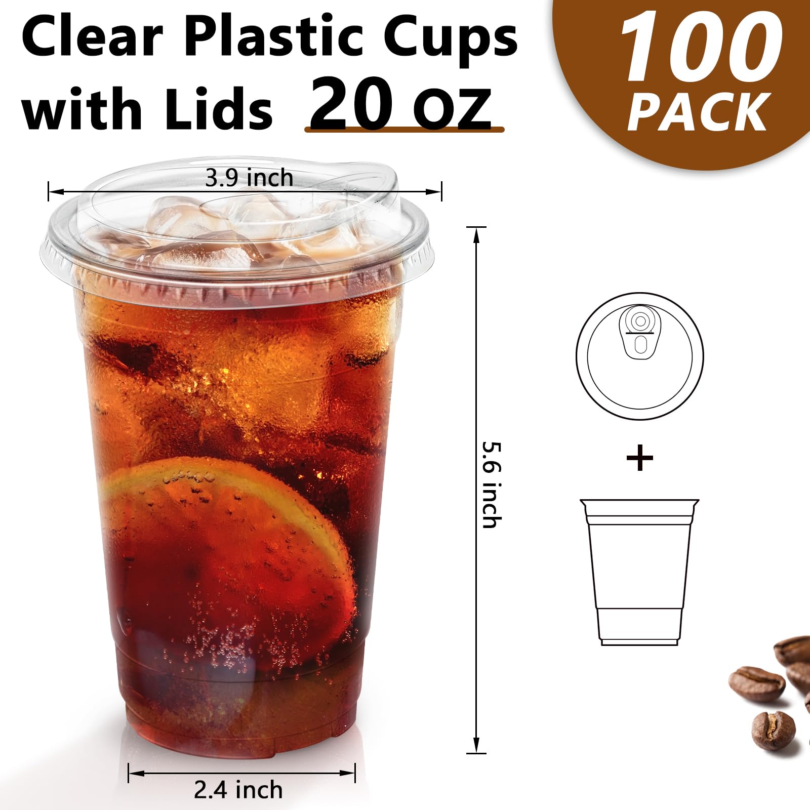 Clawsoff 20 oz 100 Pack Plastic Cups with Lids Disposable Iced Coffee Cups — Amazon image 2