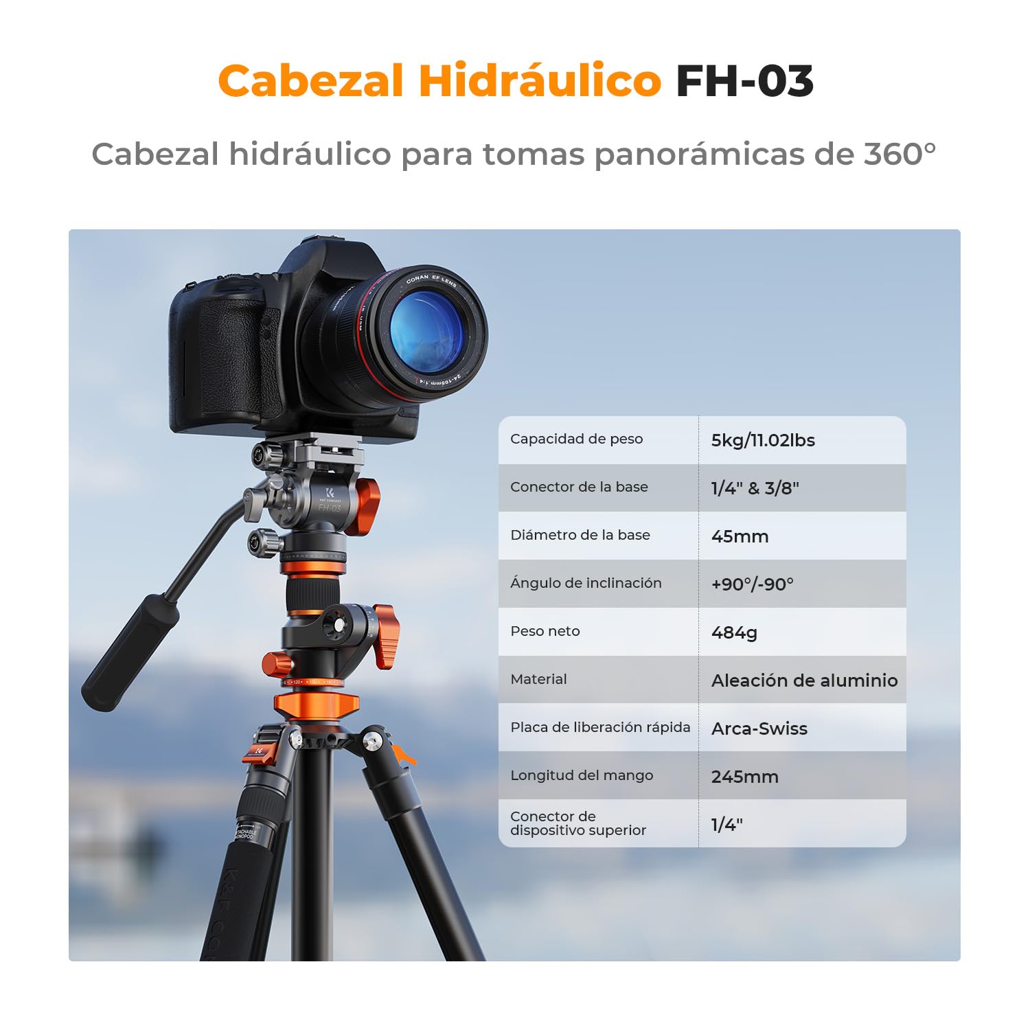 K&F CONCEPT Trípode Cámara 231cm con Cabezal Fluido T254A7+FH-03, Trípode con Columna Central de 90° y Monopie Desmontable para DSLR Videocámaras Cámaras