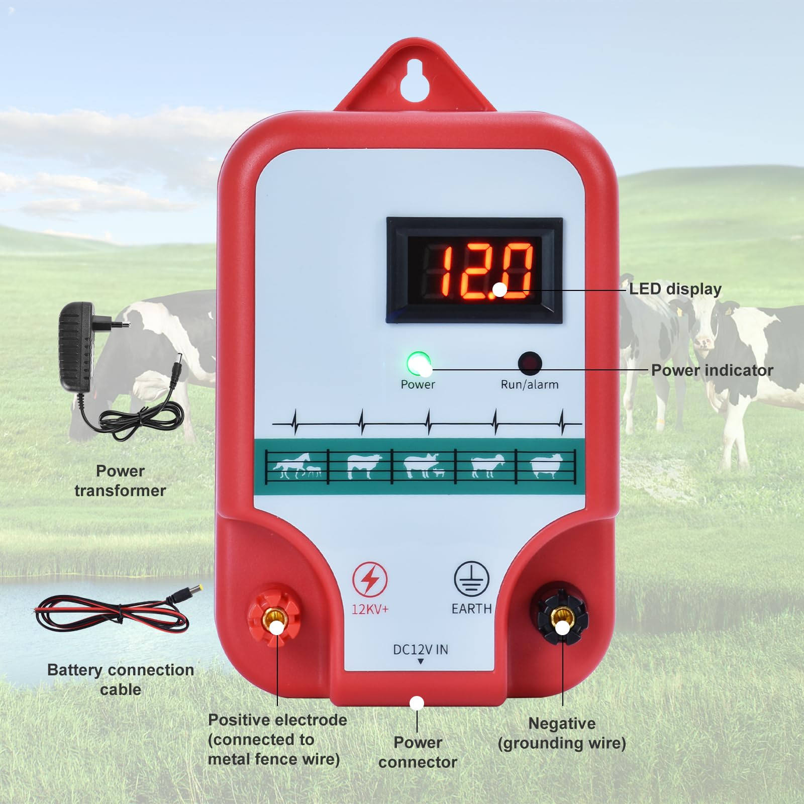 15KM Pastor Electrico, cerca eléctrica Controlador de pulso de alto voltaje seguro Granja de animales Cerca eléctrica Pastor Granja de animales Pastor eléctrico (Rojo)