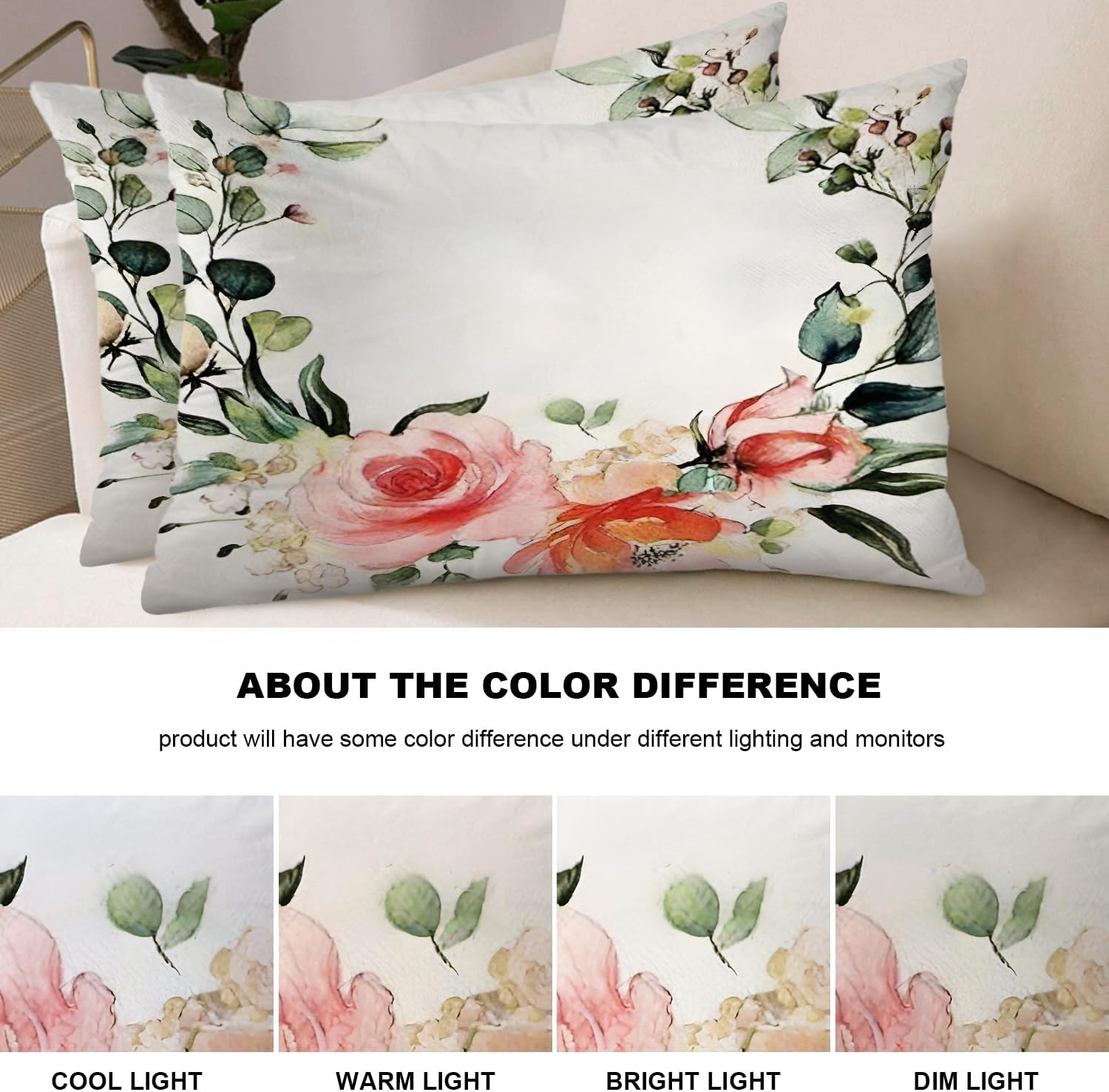 Shrahala Flower Pillow Spring Pillow Case Sets, Summer Pillow Covers 20X26 Vintage Watercolor Floral Wreath Home Decor Blended Double-Sided No Inserts for Bedroom Living Room Set of 2