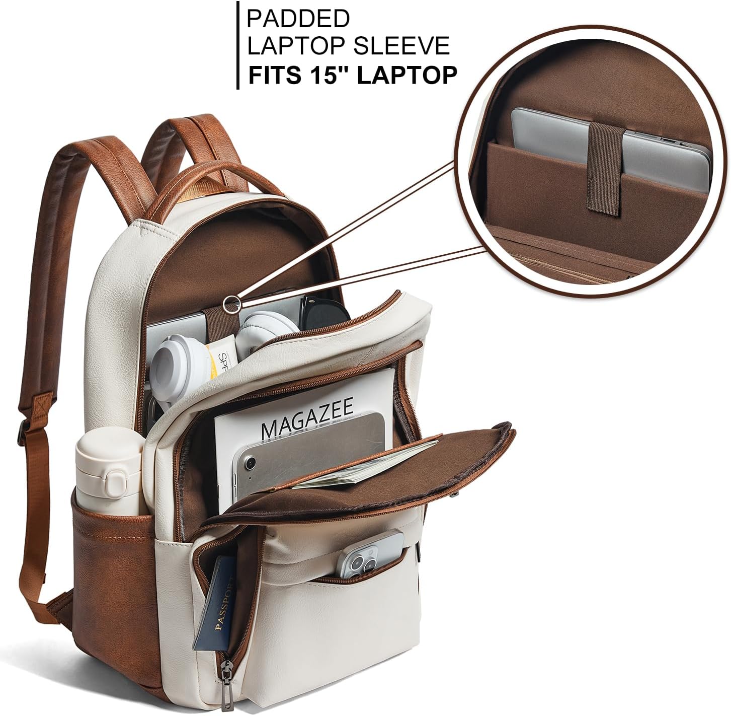 30L Backpack Purse for Women Men Laptop Backpack, Faux Leather Travel Work Backpack Teacher Bookbag fits 15.6" Laptop, Beige - Image 3