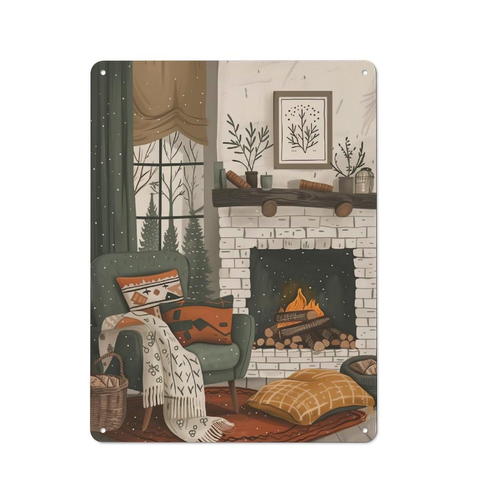 Junmoney Cozy Fireplace Room Metal Plaque 40X30cm With For Pub Or Café, Rustic Decor, For Pub Decor Enthusiasts