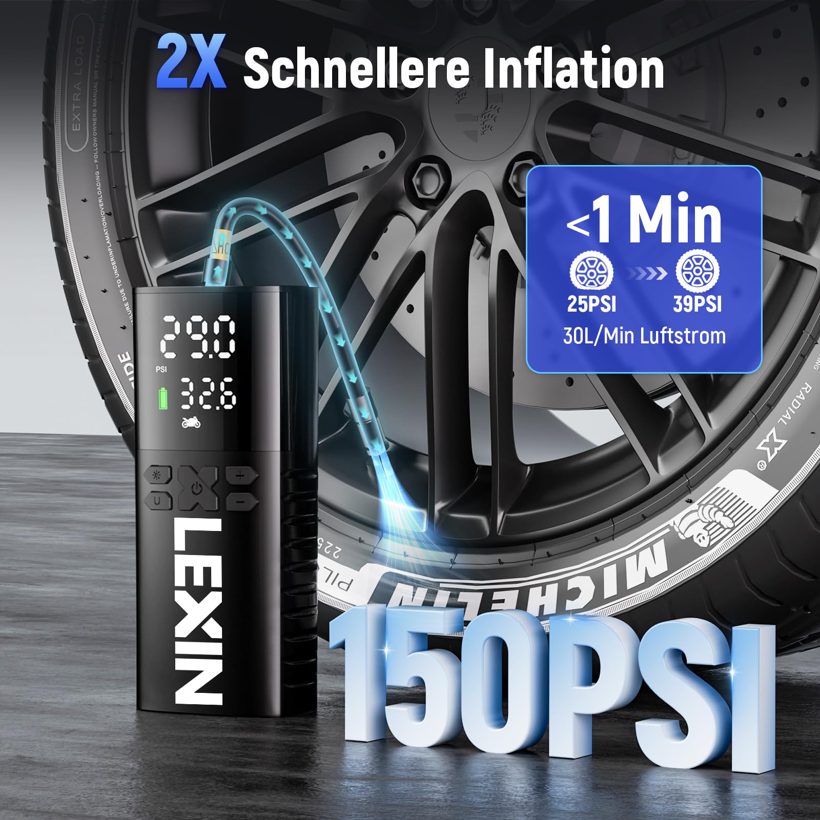 LEXIN Elektrische Luftpumpe, Akku Kompressor, Tragbare Luftpumpe Fahrrad 150 PSI (10,3 Bar), Luftkompressor für Fahrrad Auto Motorrad Bälle, Mini Reifenpumpe mit LED-Anzeige, Notbeleuchtung