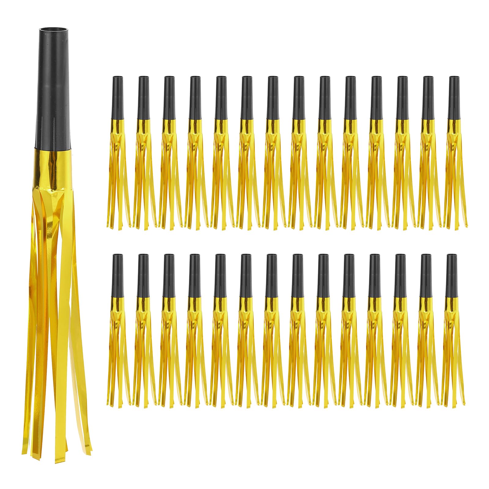 PATIKIL 60 Pcs Noise Makers, Metallic Fringed Noise Makers Party Whistles for Party Favor Supplies Birthday New Year, Black/Gold Tone