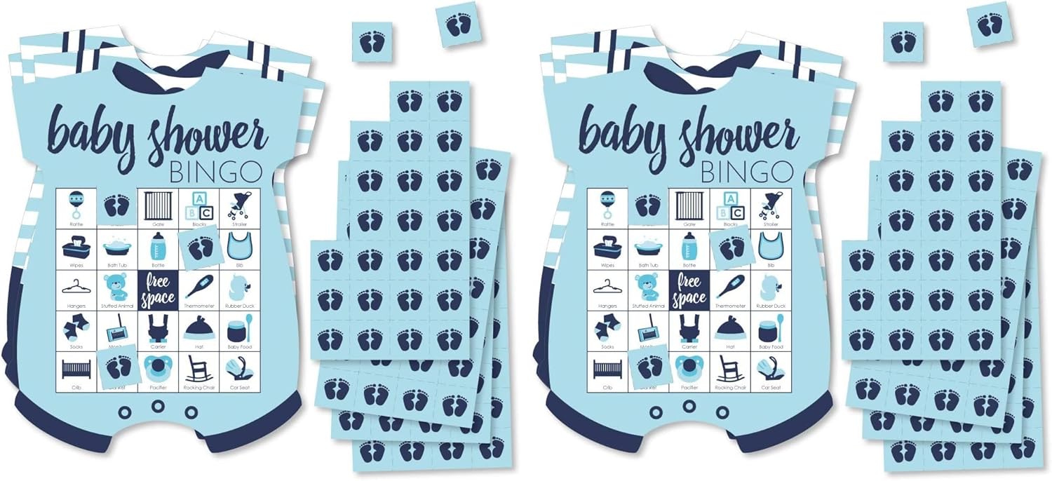 Big Dot of Happiness Boy Baby Shower Bingo Game - 18 Blue Bodysuit-Shaped Picture Cards with Markers, Interactive Party Entertainment Set, Baby Shower Activity Game (Pack of 2)