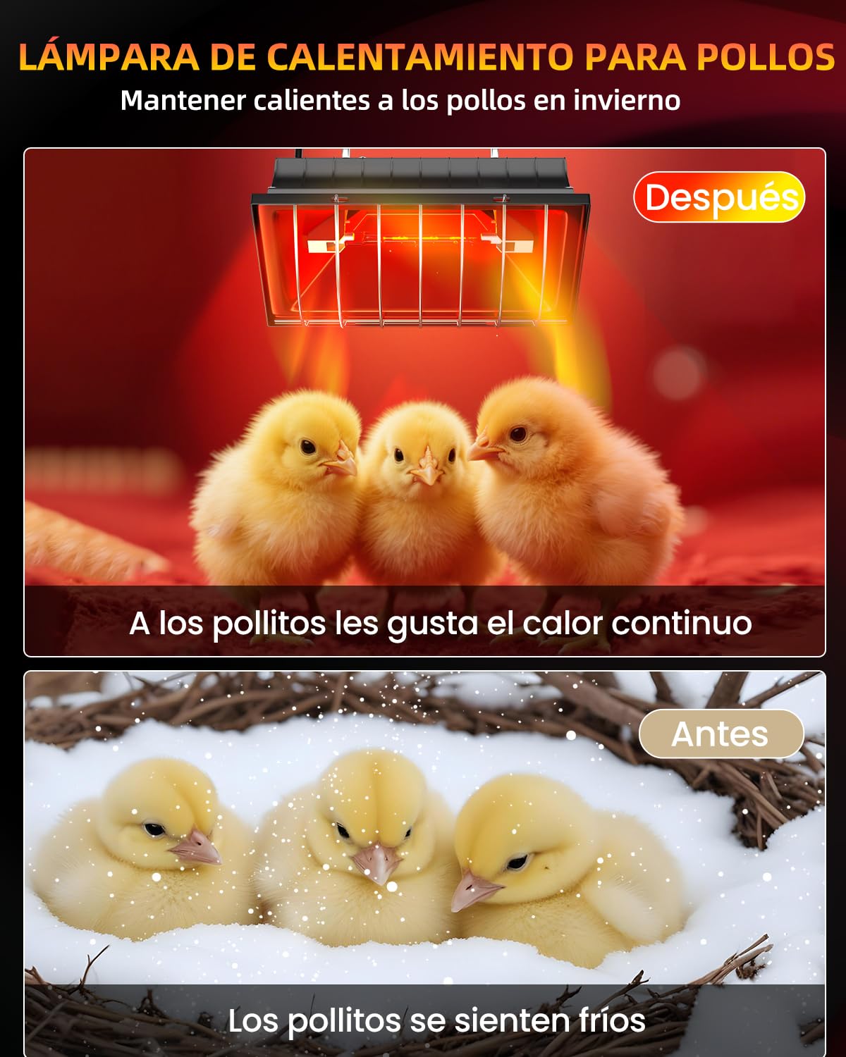 GlowUp Lampara Calor Pollitos 275W, Incluye 2x 175W Bombillas de Calor Infrarroja, Lámpara Calor de Aves de Corral para Cachorros, Pollo Broder, Pato, Cerdos, Corderos (Negro)
