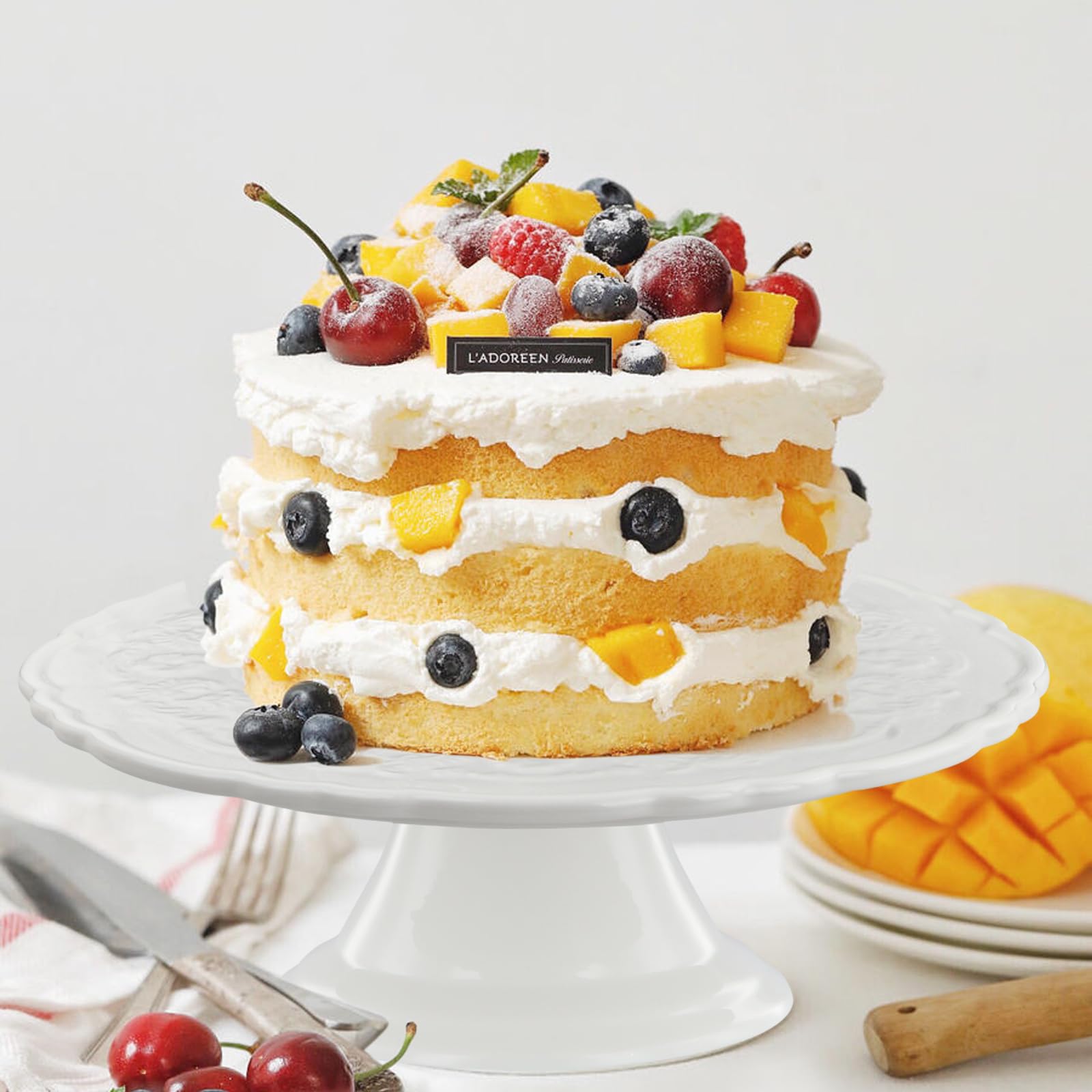 Bandejas de Tartas de Porcelana Blanco, Soporte para Tartas, Bandeja de Postre, Platos para Tartas Redondas, para Bodas, Fiestas de Té, Fiestas, Cumpleaños, Celebraciones (Blanco, 27 cm)