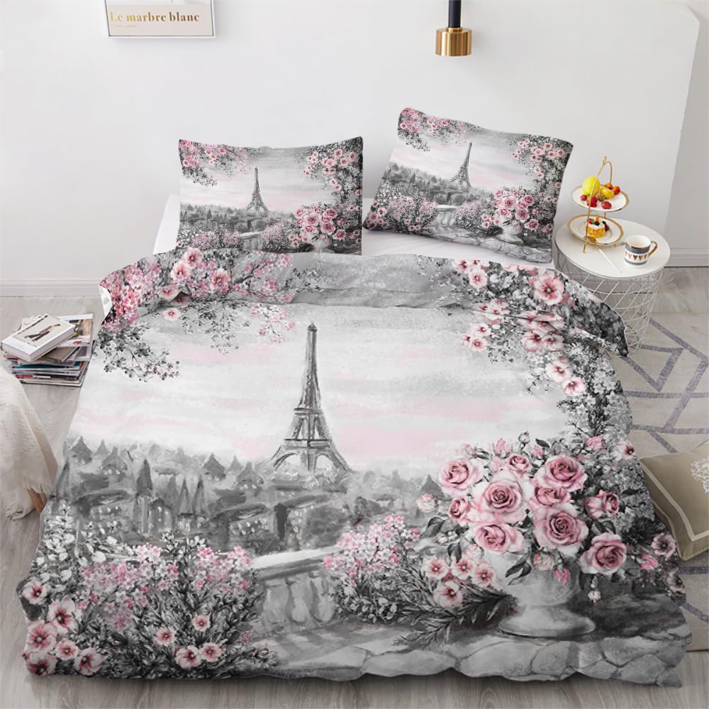 3D Eiffel Tower King Size Duvet Cover Set 220x230cm 3 piece Soft Microfiber Reversible Bedding Set Plants Flowers Comforter Cover with Zipper Closure Quilt Cover with 2 Pillowcase 50x75cm（Image 17-2）