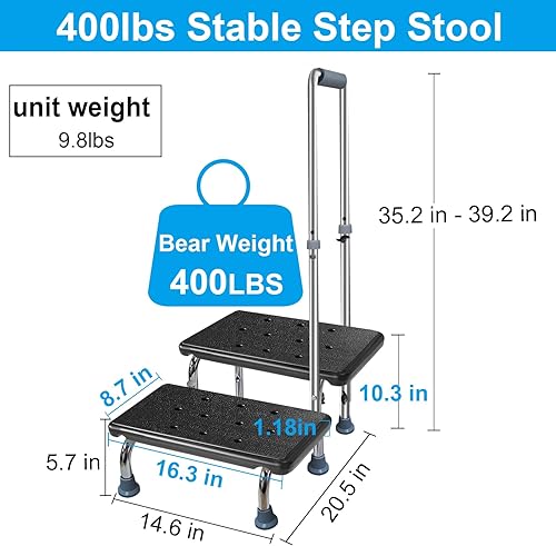 Vista 14 de Aliseniors Taburete con asa y plataforma antideslizante, taburete médico resistente de 2 pasos para adultos, personas mayores, discapacitados
