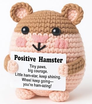 Positive Encouragement Mini Crochet Hamster Plush with Message Card, Handmade 4, Kawaii Desk Decor, Wheel Pun, Year-Round Motivation