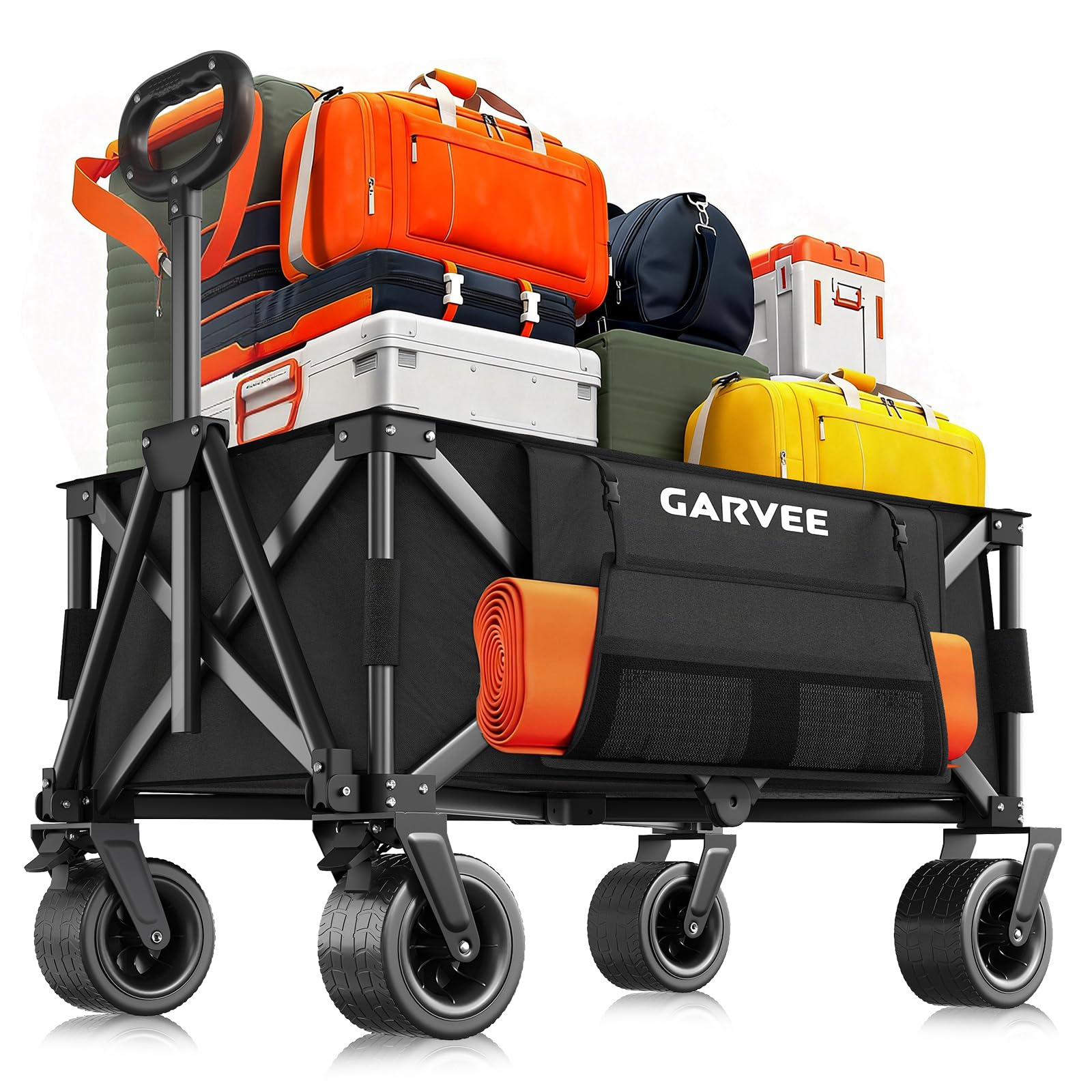 GarveeLife XXL Bollerwagen Faltbar, 200kg Belastbar & 200L Volumen, Handwagen mit Bremsen & 20cm Offroad-Rädern, Klappbarer Transportwagen mit Seitentaschen für Strand, Camping & Garten, Schwarz