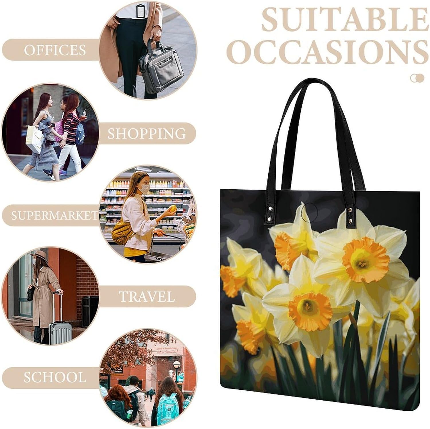Daffodil Flower Handbags Large Capacity, Tote Bag Stylish Slouchy, Shoulder Bags for Work Beach Travel And Shopping Grocery.