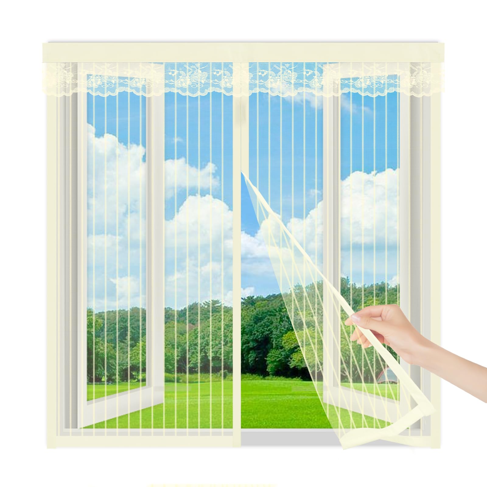 Magnetic Fly Screen Window 125x95cm,Self-Adhesive Fly Net for Windows, Easy Installation Window Screen Mesh Window Net to Keep Bugs Out,Beige
