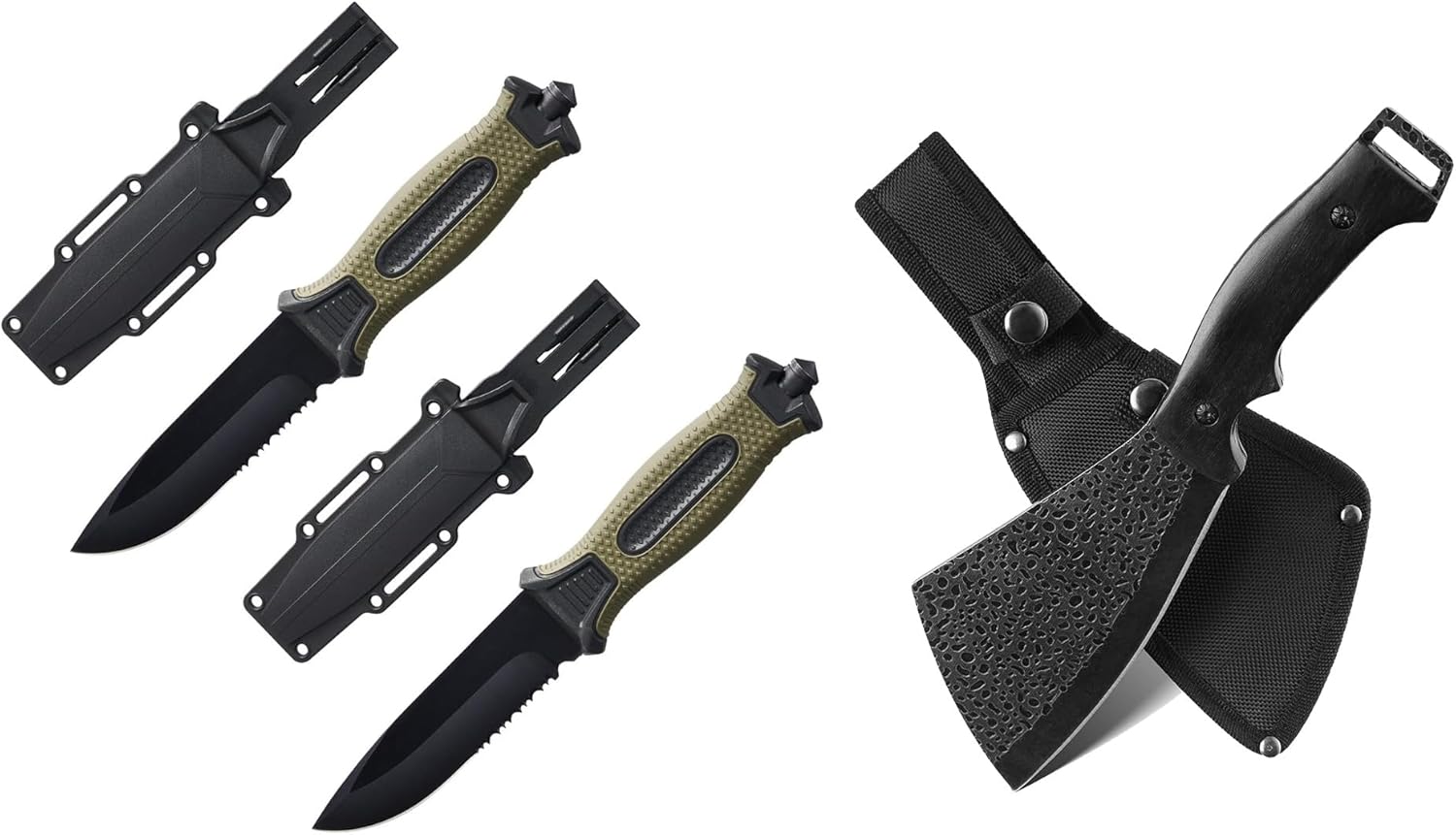 2pcs 10" Fixed Blade Tactical Knives with Sheath and Clip, 11 Inch Hatchet with Sheath