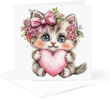3dRose Cute Floral Valentine Kitten Holding 1 Greeting Card with envelope