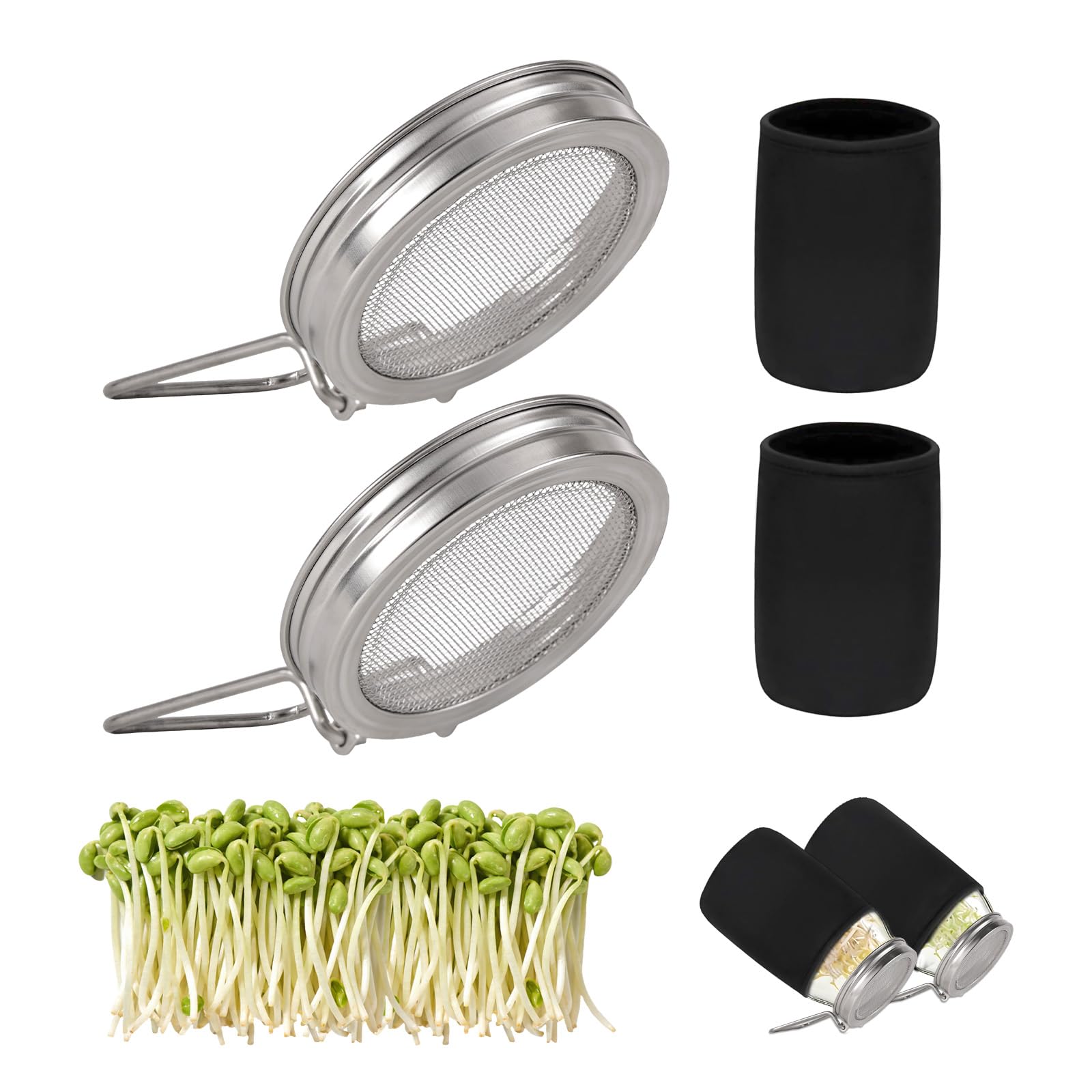 2pcs Sprouting Lids for 9cm/3.54in Wide Mouth Mason Jars, Stainless Steel Seed Germination Screens with Mesh Sprout Growing Screens & 2 Light Shields for Organic Alfalfa Broccoli Mung Bean Sprouts