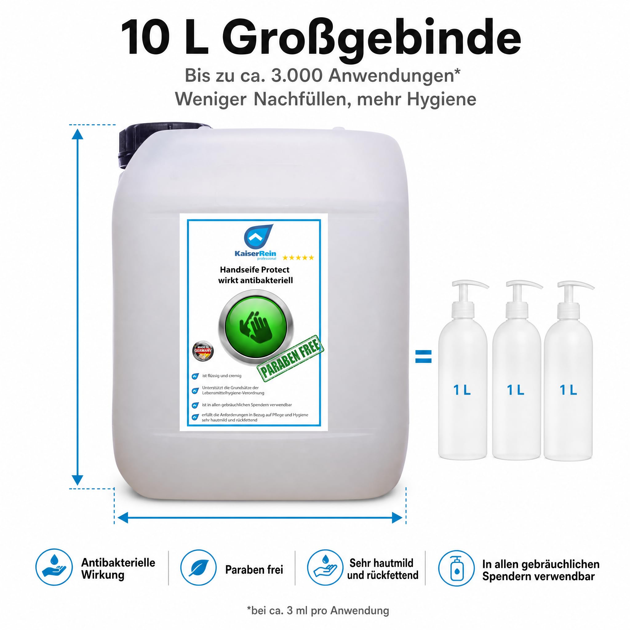 KaiserRein Handseife Protect, Flüssigseife 10 L Kanister, antibakterielle Wirkung, parabenfrei, hautmild & rückfettend, Nachfüllseife für Spender, Made in Germany