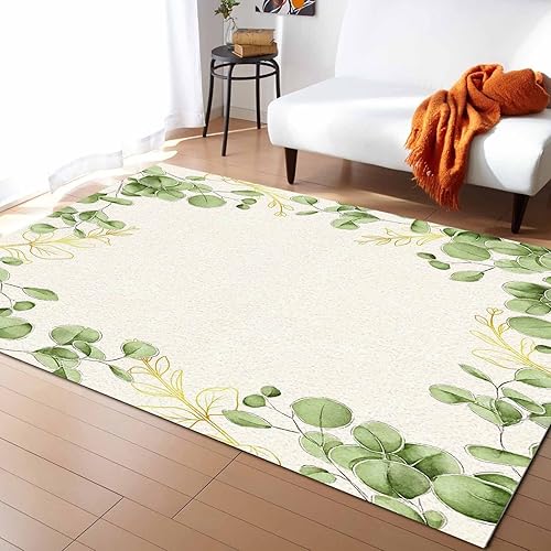 Seven Roses Alfombra de interior de hojas botánicas verdes, antideslizante, alfombra de baño, alfombra rústica de acuarela de primavera, planta