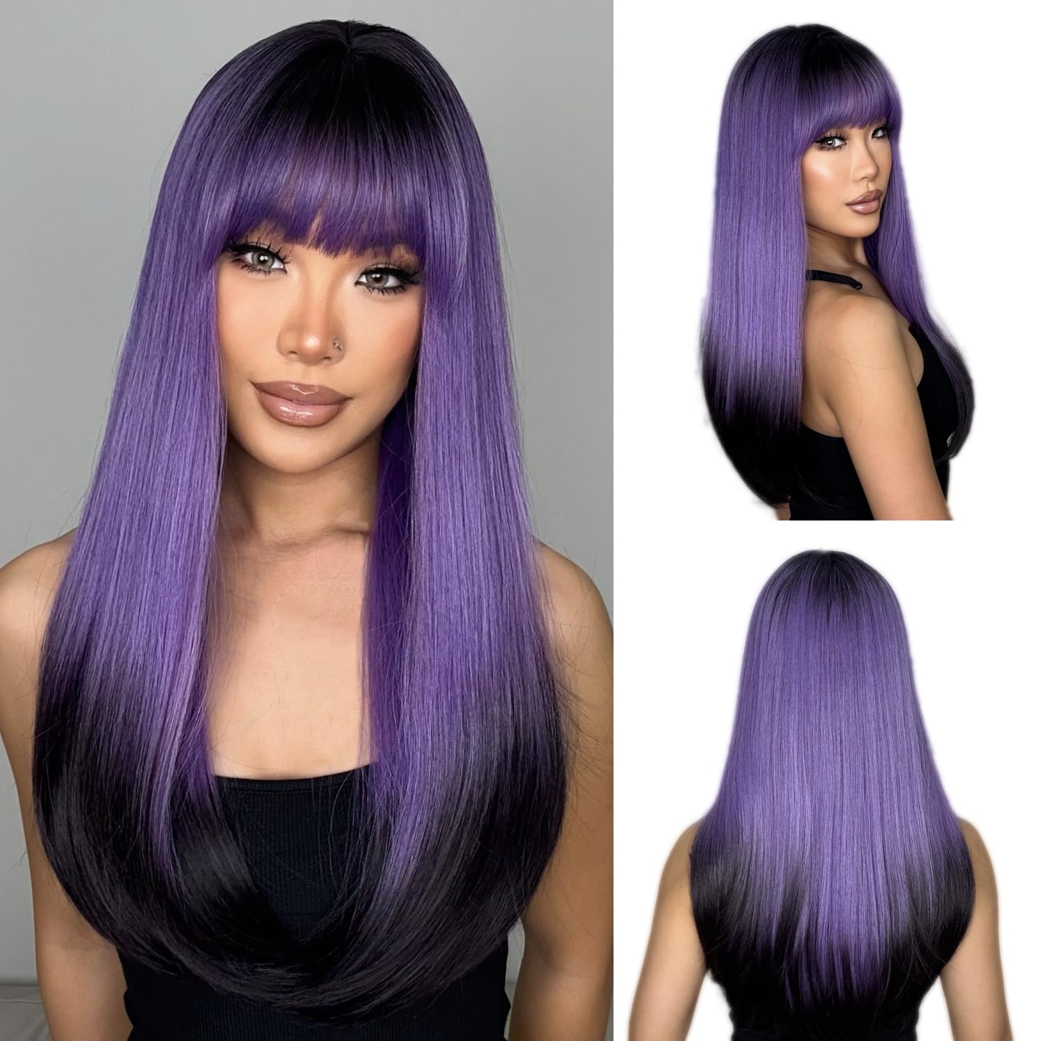 ENTRANCED STYLES Long Straight Purple Wig for Women Purple Black Wigs with Bangs Synthetic Heat Resistant Hair for Halloween Cosplay Party Daily Use