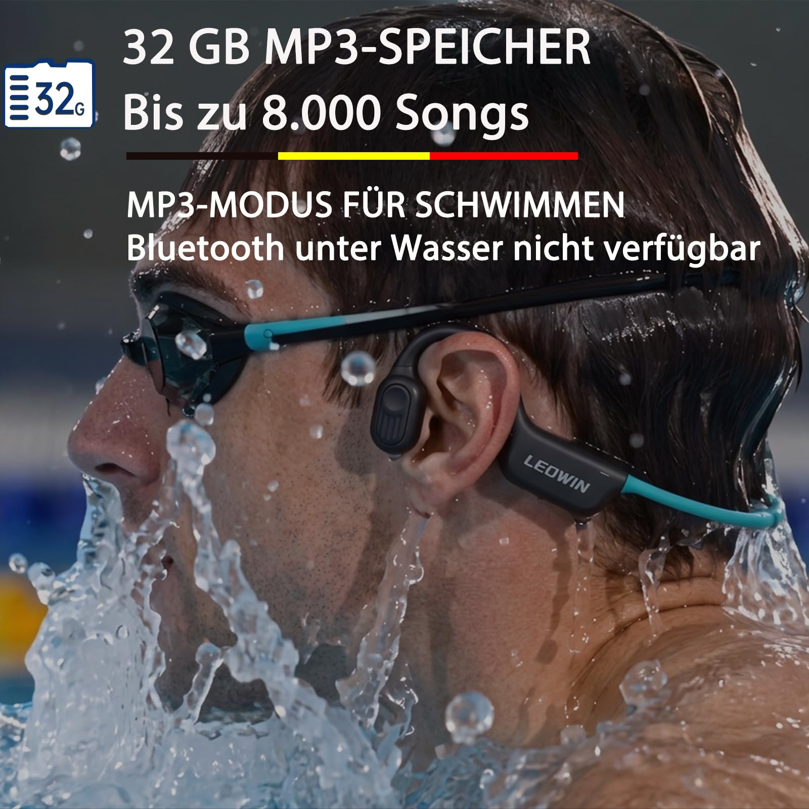Leowin Knochenleitung Kopfhörer, TÜV geprüft bis 10 m wasserdicht, IP68 Open-Ear für Schwimmen & Sport, 32 GB MP3 Player, Bluetooth 6.0, 15 h Akku