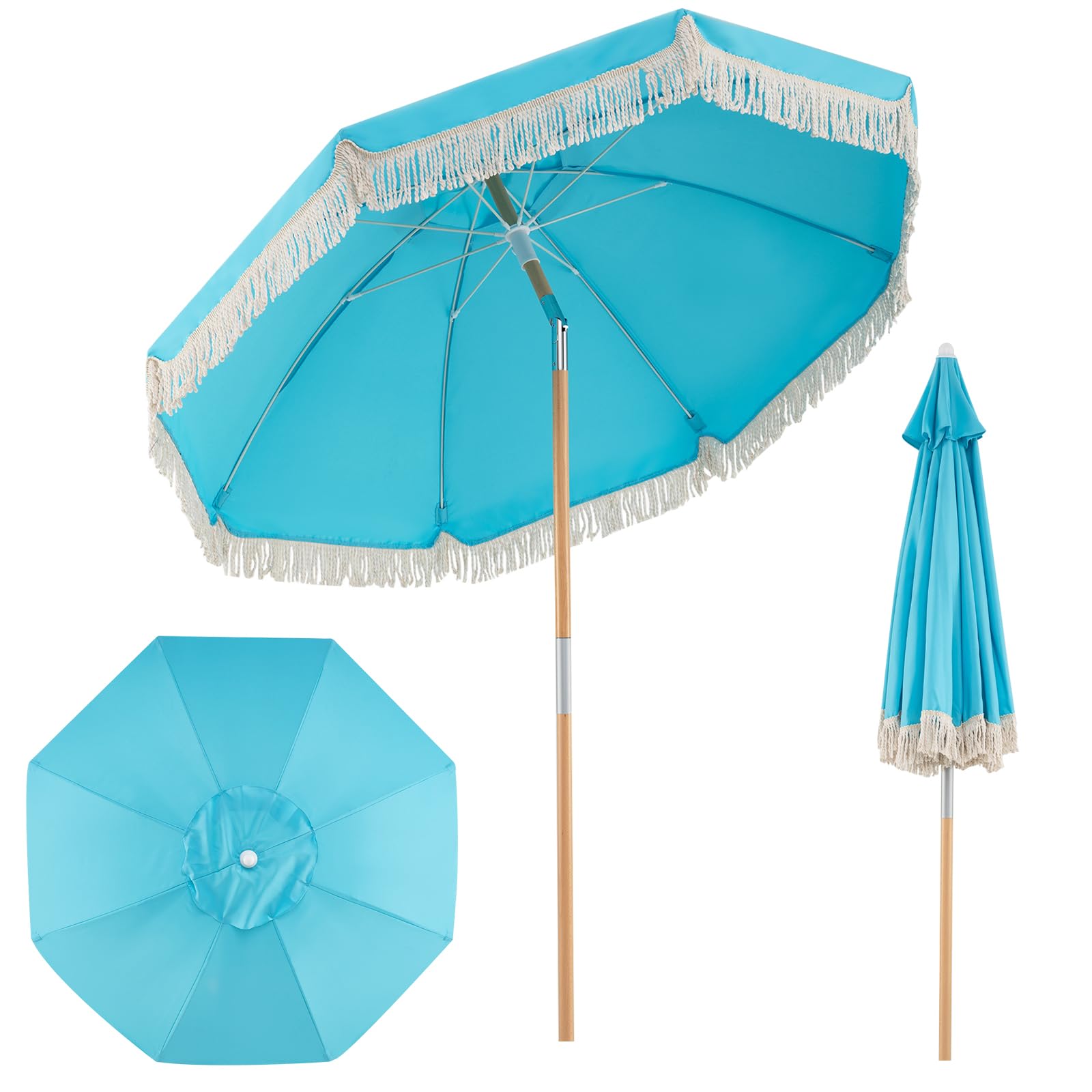 COSTWAY Ombrellone da Spiaggia 180 cm, Inclinabile Regolabile 30°, Palo in Legno, 8 Stecche in Fibra di Vetro, Ombrellone per Giardino, Piscina, Terrazza (Blu)