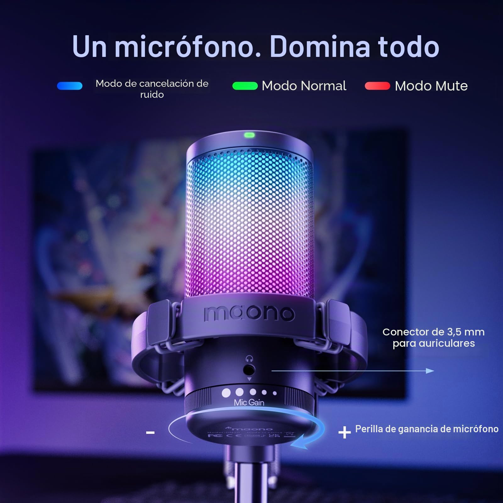 MAONO Microfono Gaming, USB Micrófono Condensador con Cancelación de Ruido para Streaming Podcast Studio, Compatible con PS5/PS4/Mac con Luces RGB Controlables, Botón de Silencio, Control de Ganancia