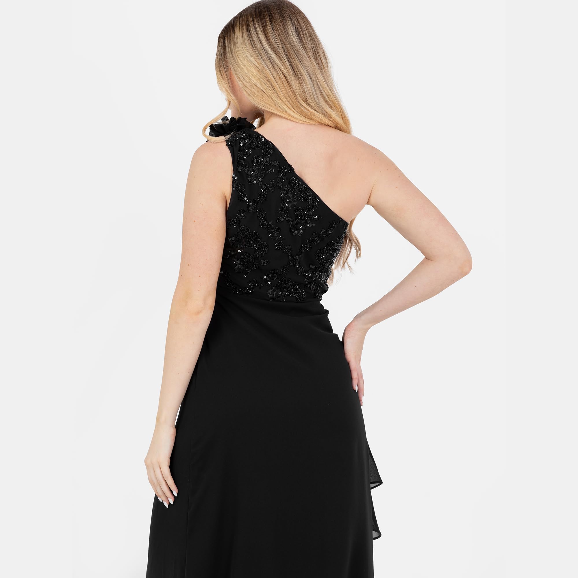 Maya Deluxe Women's Maxi Dress Ladies One Shoulder Necklline Sleeveless Sequin Embellished Rosette A-Line Evening Prom Ball Gown Vestito Donna