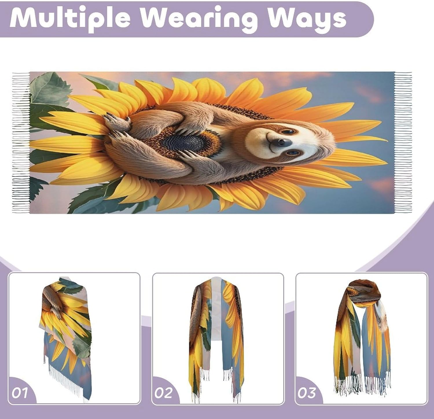 Sloth Sitting on Sunflower Scarf for Women Men Soft Warm Fashion Blanket Scarves Classic Cashmere Feel Scarf Long Shawl Large Scarves Cold Weather Thick Blanket Scarfs