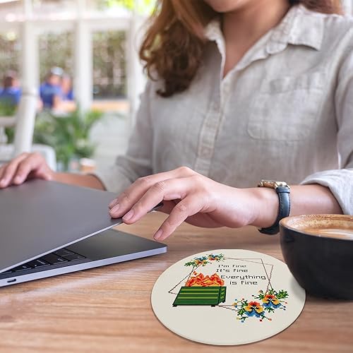 Miniatura 4 de Divertida alfombrilla de mouse redonda pequeña para escritorio de mujer, Im fine Everythings fine Retro Kawaii, contenedor de fuego, accesorios de