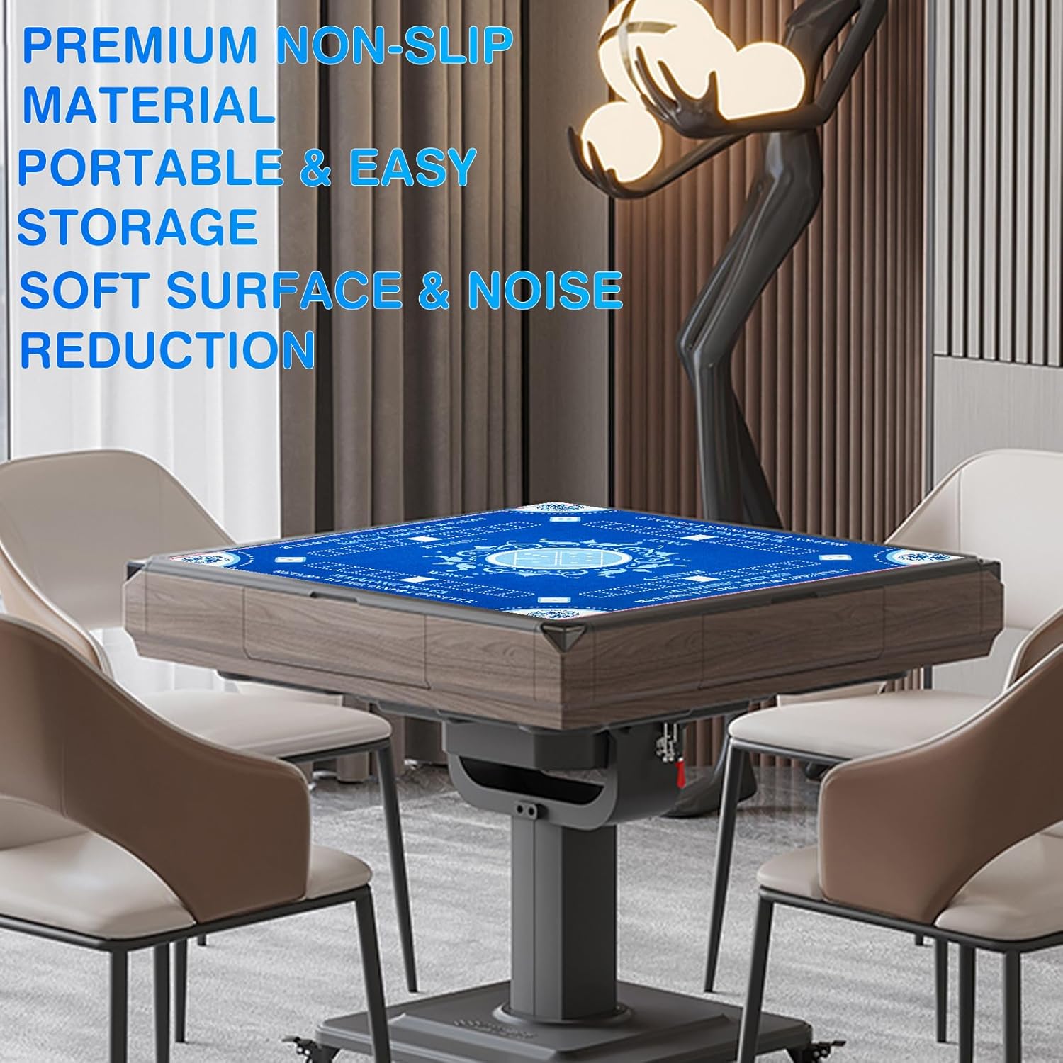 Mahjong Learning Mat, Anti-Slip Mahjong Mat, Noise Reduction Table Cover for Mahjong, Poker, Card, Board, and Tile Games (Blue)
