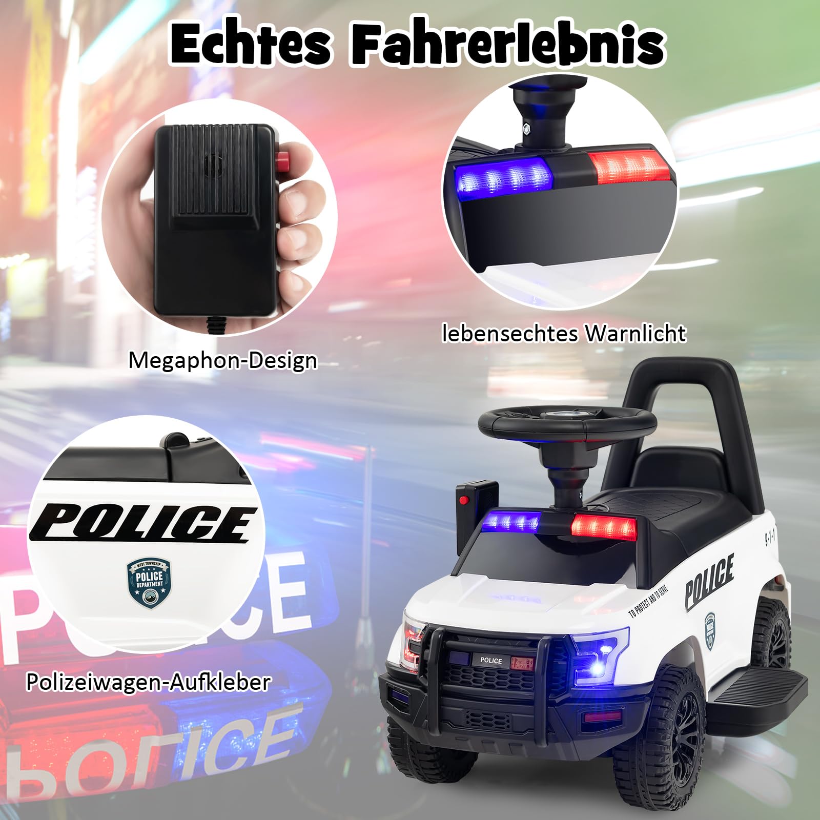 COSTWAY Polizei Elektroauto für Kinder, 6V Elektrisches Kinderauto mit Stauraum & Megafon & Warnlicht & Hupe & Fußpedalen, Elektro Auto für Kinder ab 18 Monaten (Weiß)