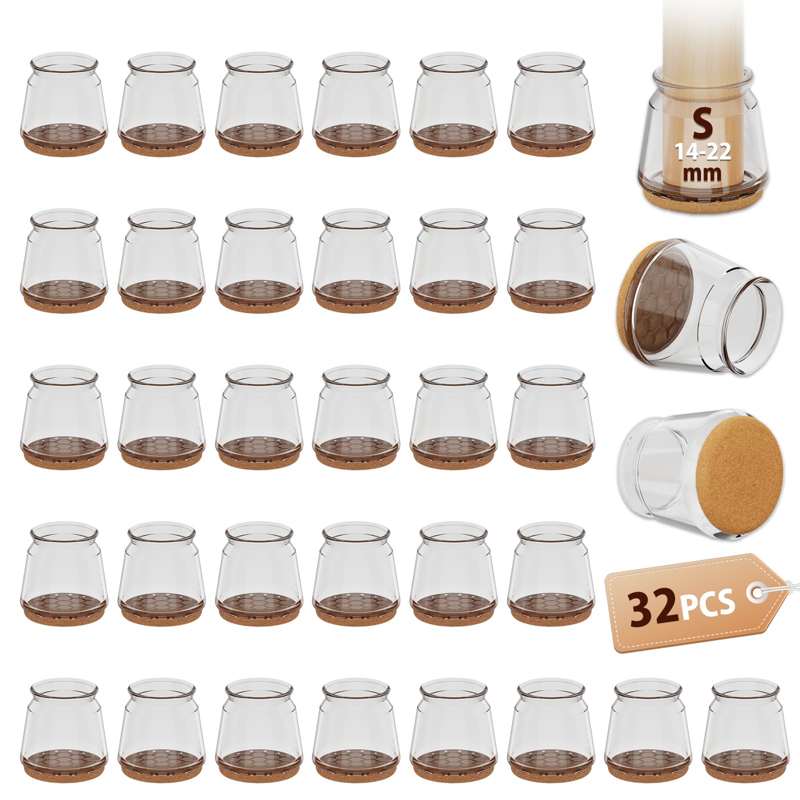 32 Pcs Round Brown Chair Leg Silicone Floor Protectors, Chair Socks, Stool Leg Covers with Felt Pads, Protect Floors from Scratches, Reduce Noise (Fit:14-22mm)