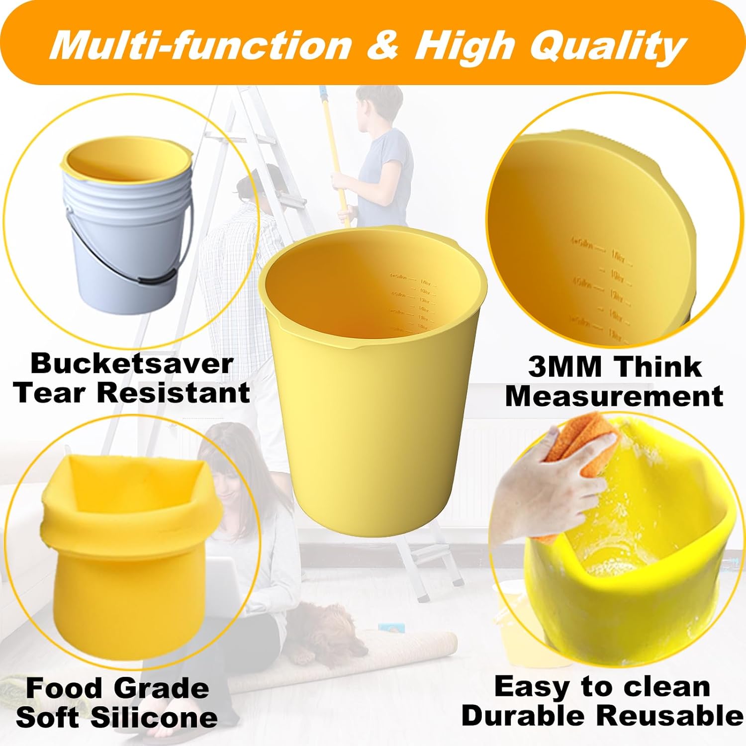 5 Gallon Reusable Bucket Liner, Time Saving Concrete Tools Durable Silicone Bucket Insert, Food Grade Container for Food Storage, for Paint, Thinset, Ice, Slime, Cleaning, Wall Patch Compound (Yellow)