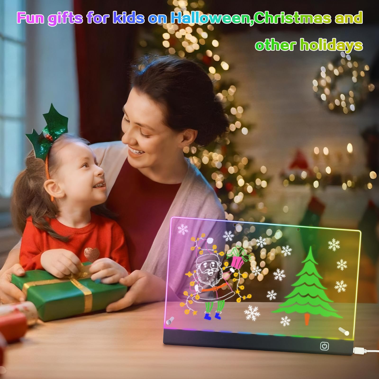 Tablette Lumineuse Dessin,Tableau lumineux Message LED, Tableau Acrylique Effaçable avec 7 Stylos Néons, Avec Support Réglable, Cadeau Créatif Pour Enfants, Fille