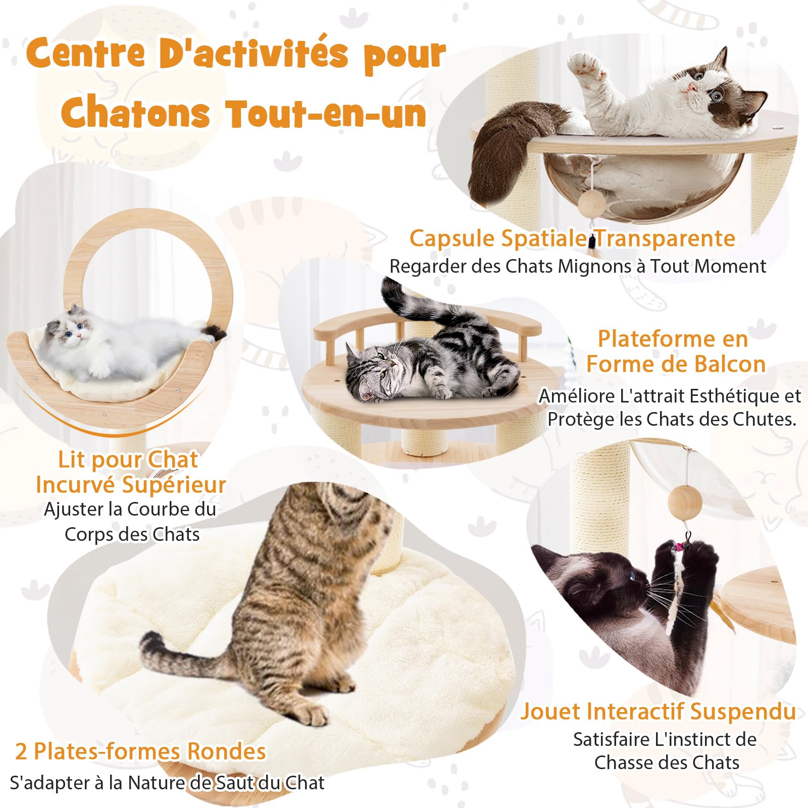 COSTWAY Arbre à Chat en Bois Convertible 4 en 1, Grande Tour à Chat 146 CM en Blocs de Construction avec Condo, Hublot et Griffoir, Centre d’Activités pour Chaton avec Jouet Suspend, Bois de Chêne